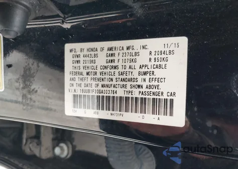 2016 Acura Tlx from USA, damaged, VIN 19UUB1F30GA003764
